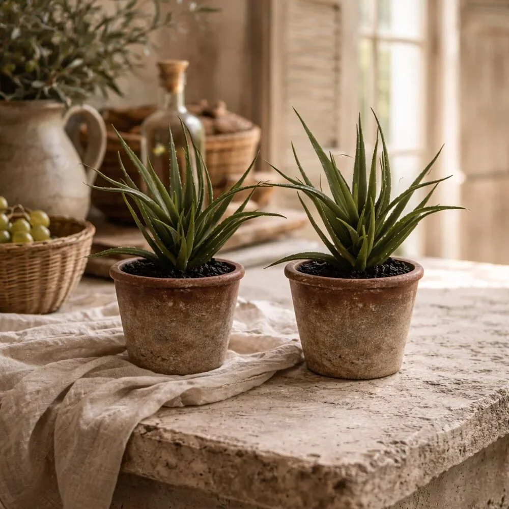 Set of 2  Faux Lifelike Aloe Plant In Rustic Terracotta Pot Planter